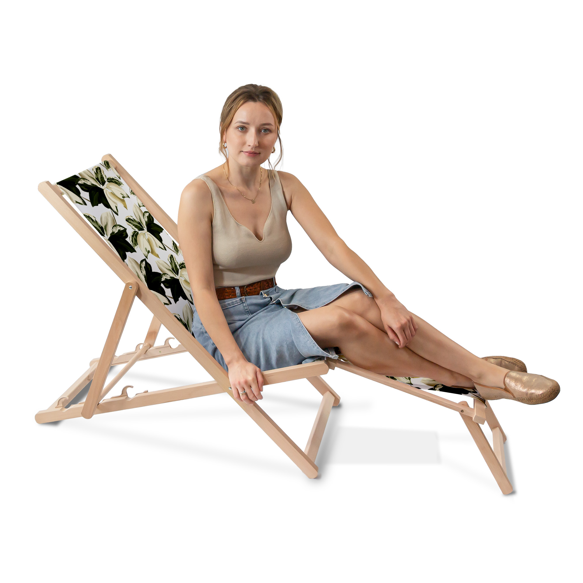 Leżak drewniany z podnóżkiem Botanical Leaves