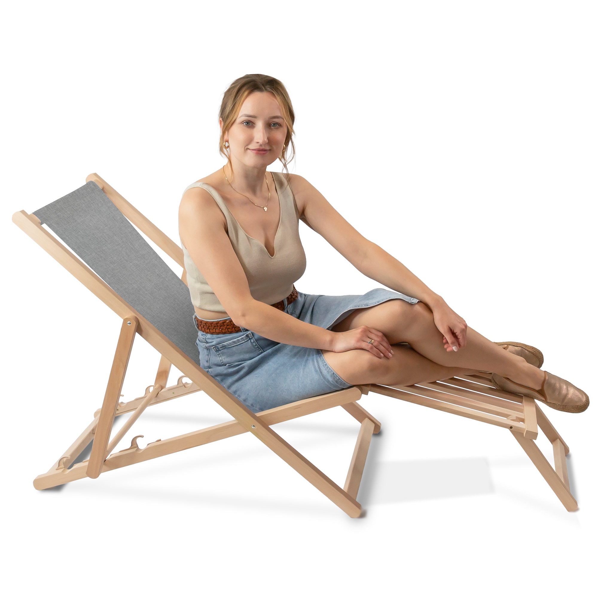 Leżak drewniany z podnóżkiem drewnianym Imitacja Lnu Light Grey