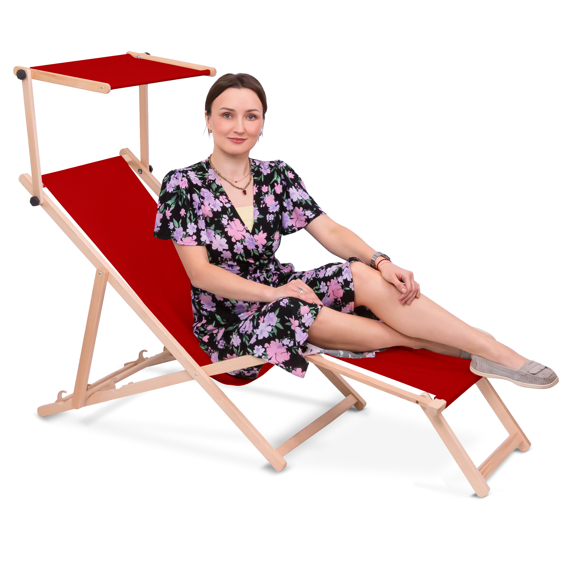 Leżak drewniany z daszkiem i podnóżkiem Red