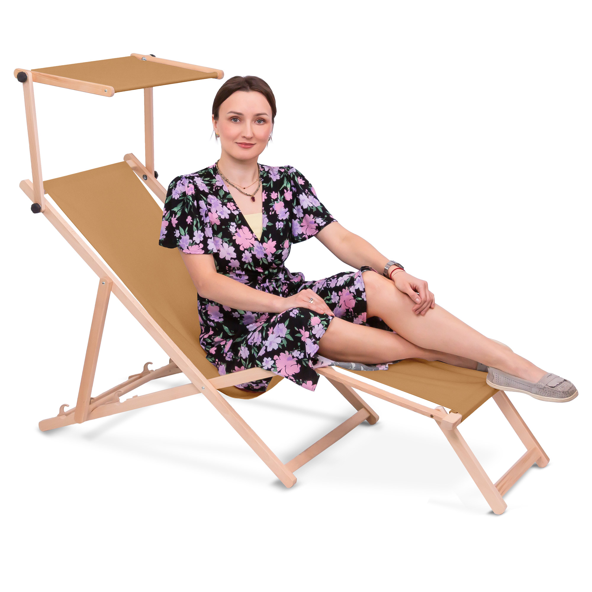 Leżak drewniany z daszkiem i podnóżkiem Beige