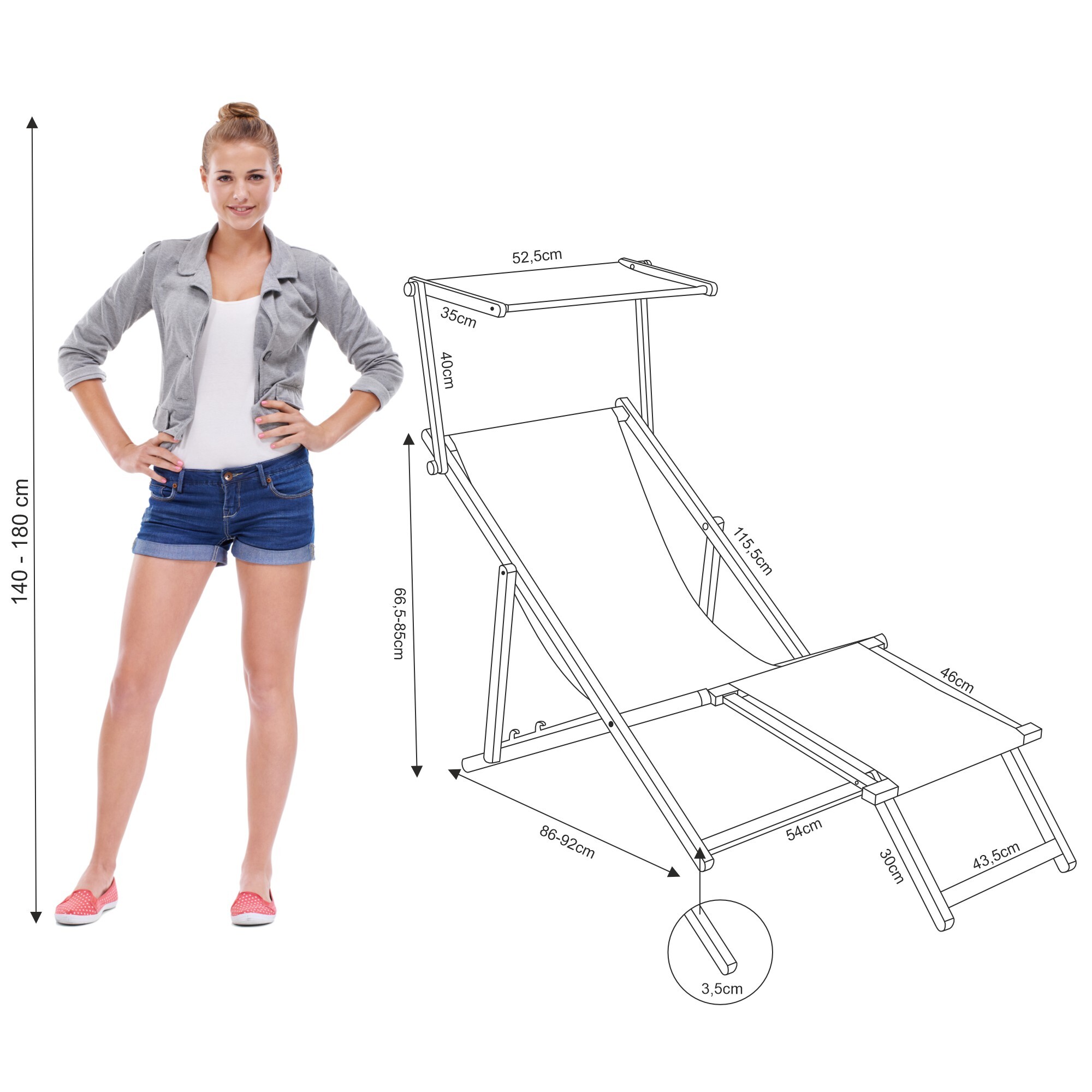 Leżak drewniany z daszkiem i podnóżkiem Beige