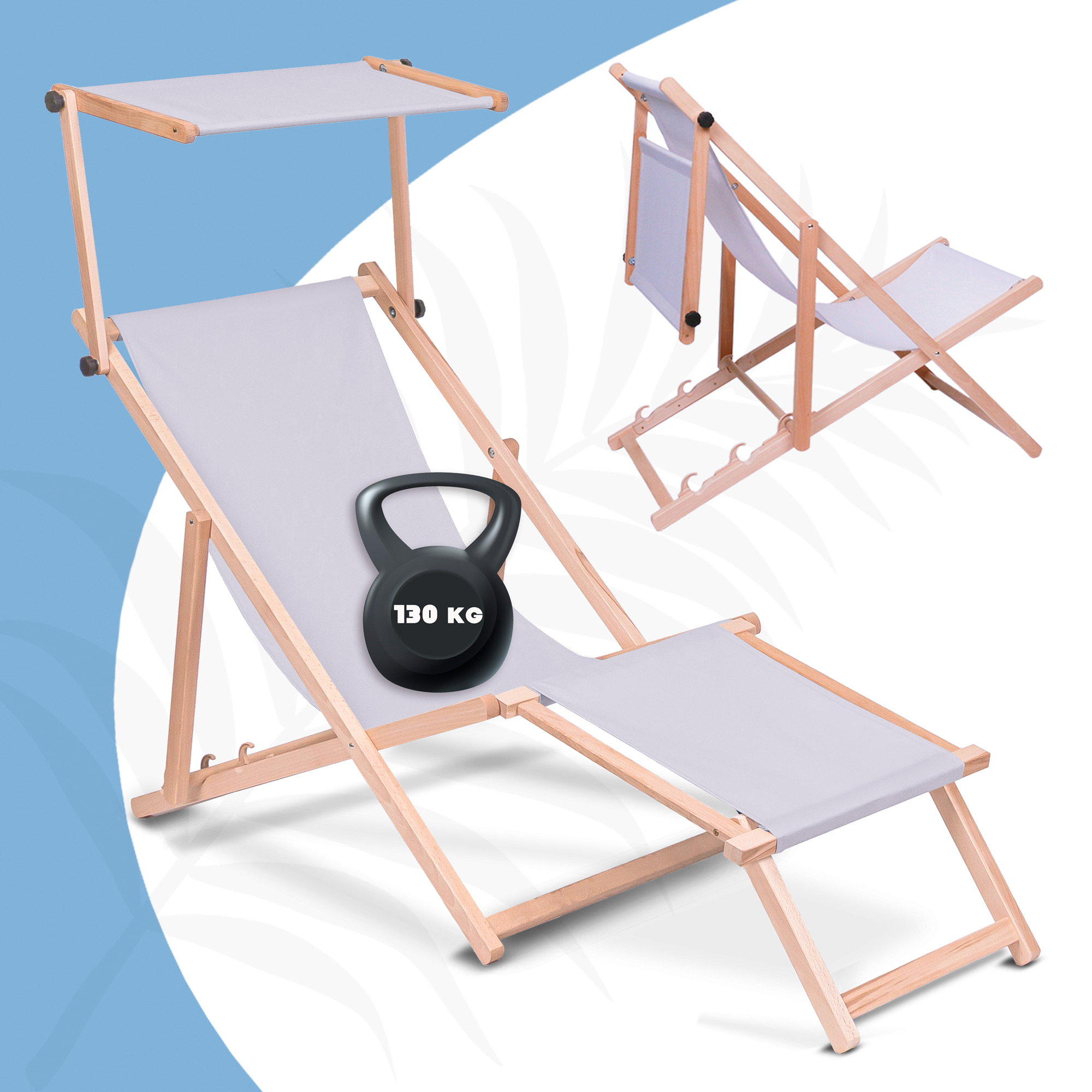 Leżak drewniany z daszkiem i podnóżkiem Beige