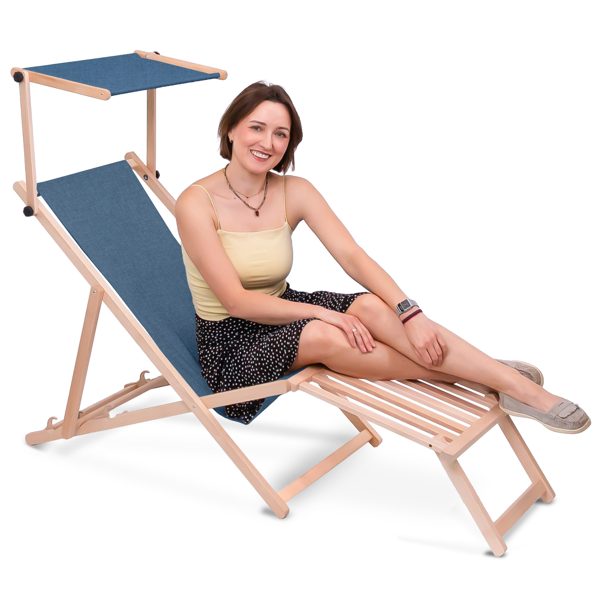 Leżak drewniany z daszkiem i podnóżkiem drewnianym Imitacja Lnu Denim Dream