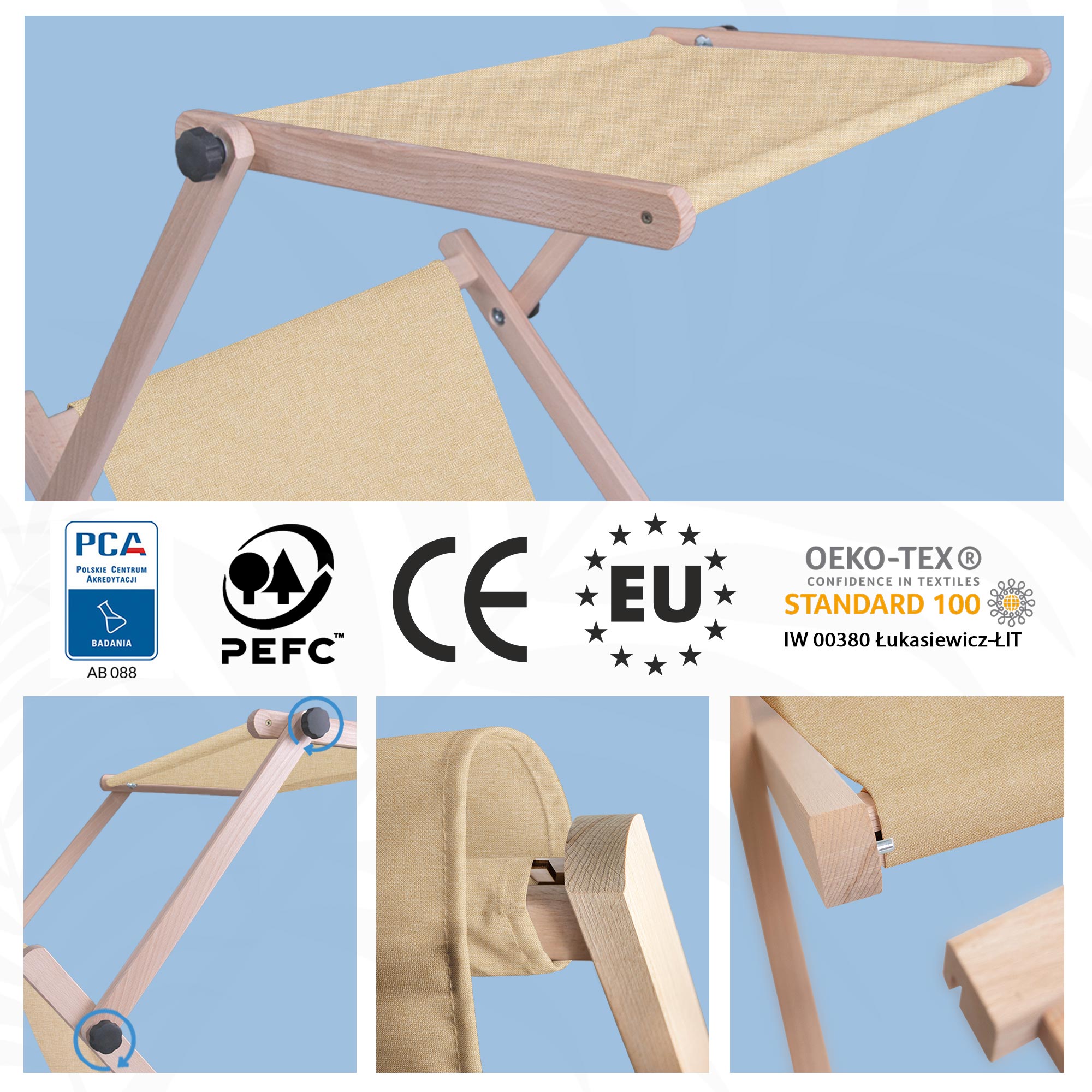 Leżak drewniany z daszkiem i podnóżkiem drewnianym Imitacja Lnu Denim Dream