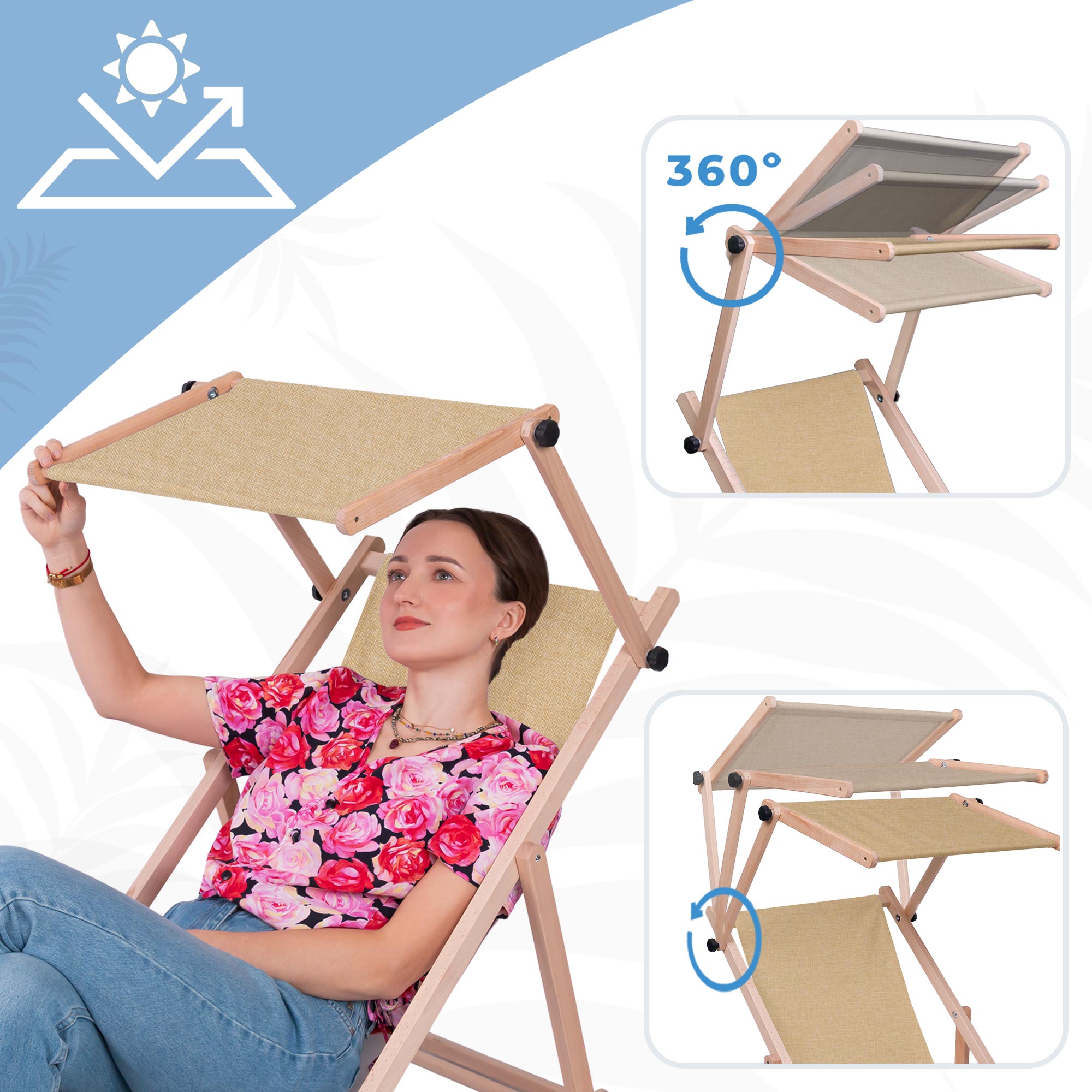 Leżak drewniany z daszkiem i podnóżkiem drewnianym Imitacja Lnu Denim Dream