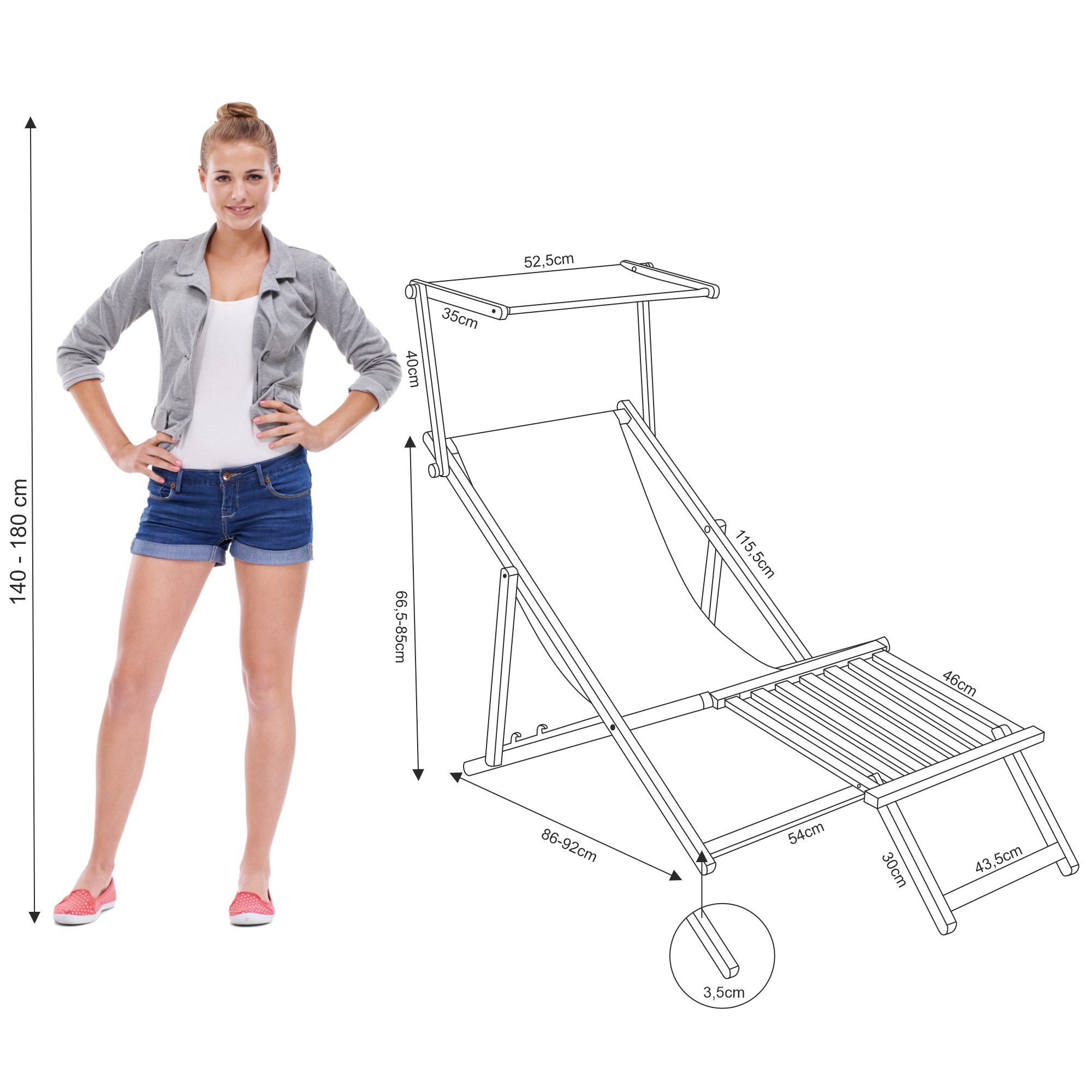 Leżak drewniany z daszkiem i podnóżkiem drewnianym Imitacja Lnu Denim Dream