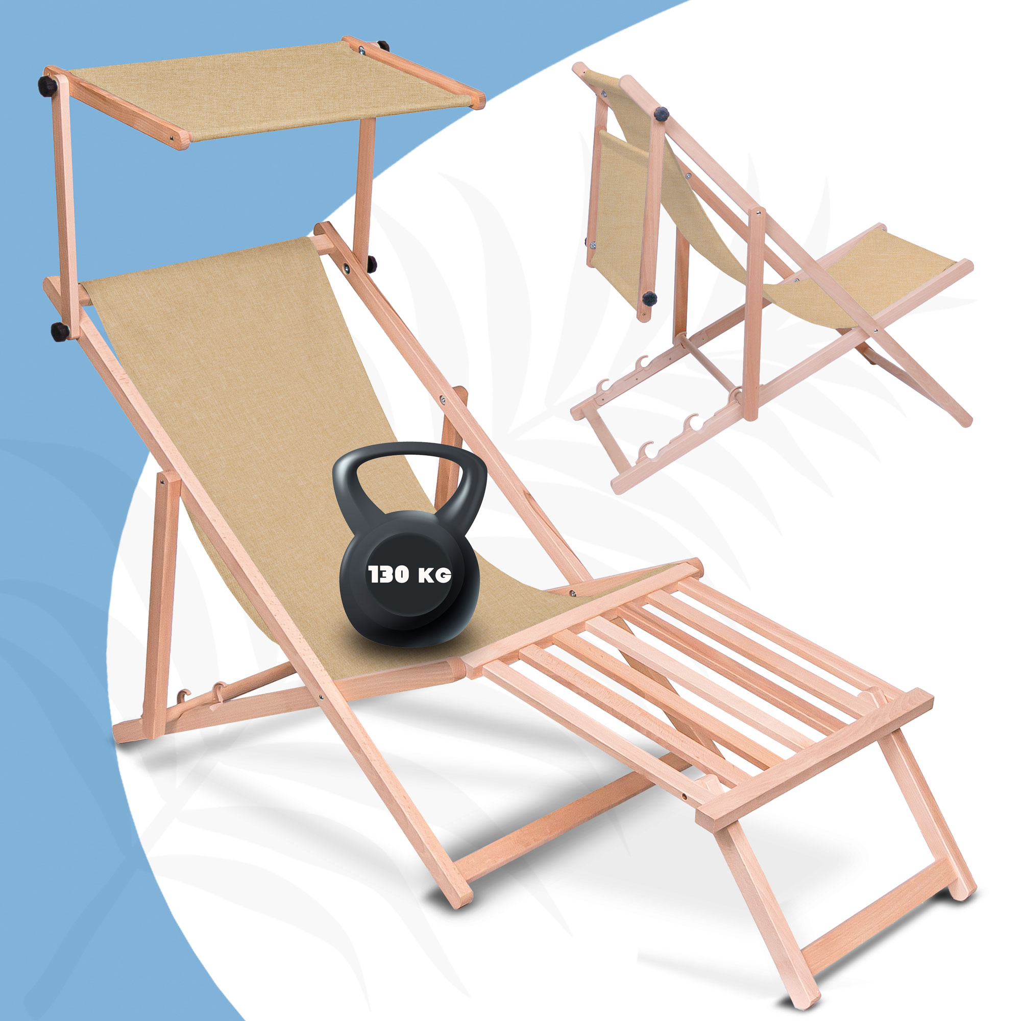 Leżak drewniany z daszkiem i podnóżkiem drewnianym Imitacja Lnu Denim Dream